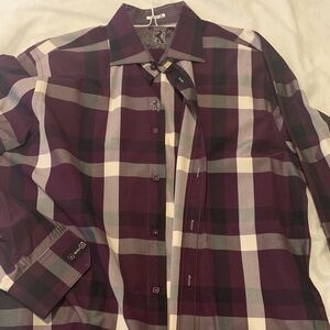 Bugatachi Uomo Plaid Button-Up Shirt in Burgundy and Gray